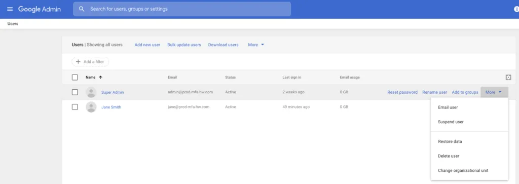 Screenshot of password reset in G Suite Admin.