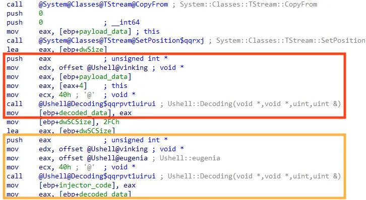 Screenshot of second stage decrypting and loading Ousaban payload.