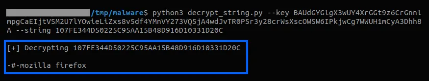 Screenshot of decrypting a single string from the malware.