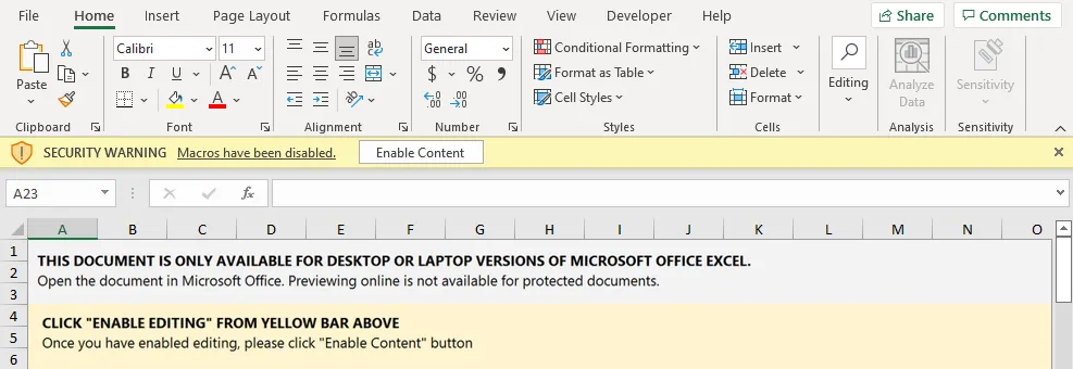 Screenshot of Excel prompt to "Enable Macros" from an Emotet Office document attack