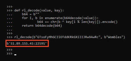 Screenshot of decrypting RedLine Stealer C2 address.