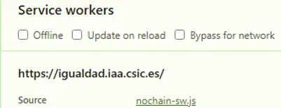 Browser developer tools Application panel listing nochain-sw.js as an activated and running Service Worker
