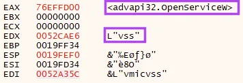 Figure showing ransomware trying to open the VSS service.