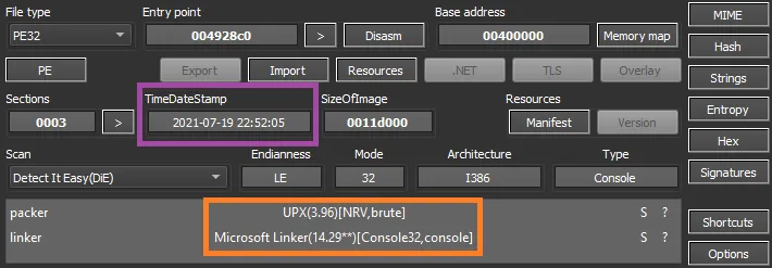 Screenshot showing details about the malware executable