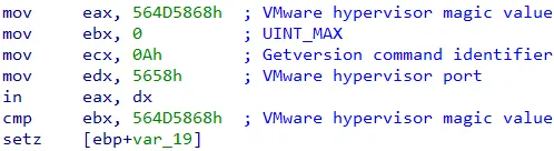 Screenshot showing malware checking if the process is running under VMware.