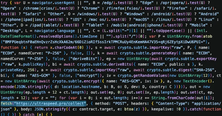 Shared beacon code that fingerprints the visitor (browser, OS, device, country), encrypts the record with ECDH P-256 and AES-GCM, and posts it to the collect endpoint