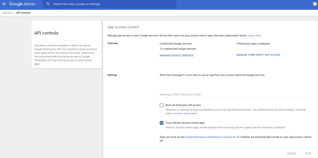 Screenshot of Google Workspace Admin Console showing various API controls to block all third-party API access and whether to trust internal, domain-owned applications