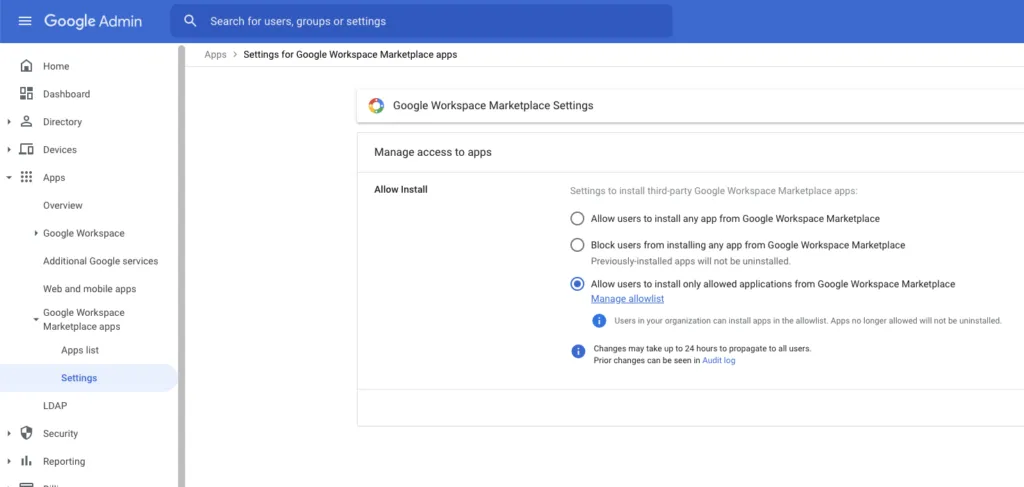 Screenshot of how to set up the user allow lists in: Google Workspace Admin Console