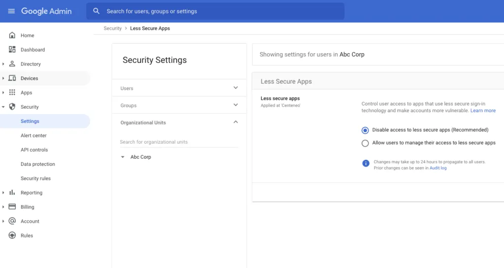 Screenshot of how to disable access to less secure apps in Google Workspace Admin Console