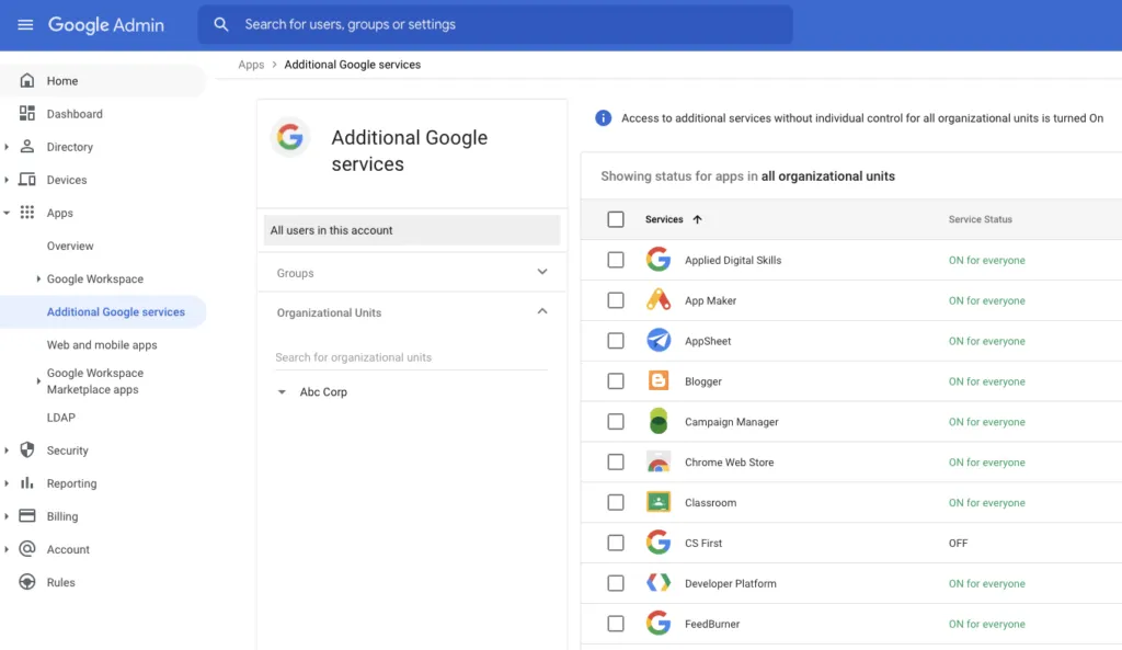 Screenshot of how to turn off unused Additional Google Services in Google Workspace Admin Console