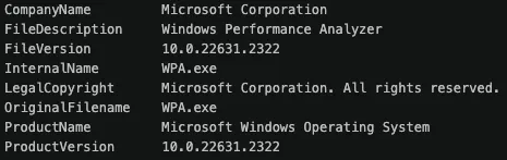 File properties of the payload forged to show Microsoft Windows Performance Analyzer as the product and WPA.exe as the original filename